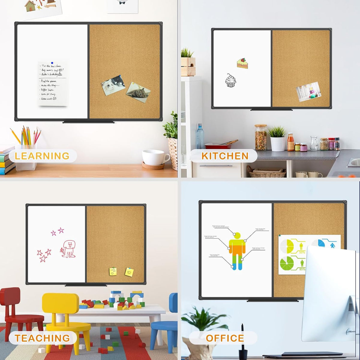 JILoffice White Board & Bulletin Corkboard Combination, Combo Board 48 x ...