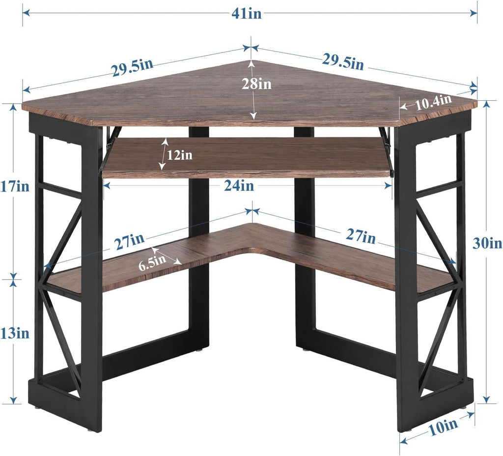 VECELO Corner Desk Computer Desk Writing Table with Smooth Keyboard Tray&Storage Shelves for Small Spaces/Compact Home Office Triangle Table,Brown