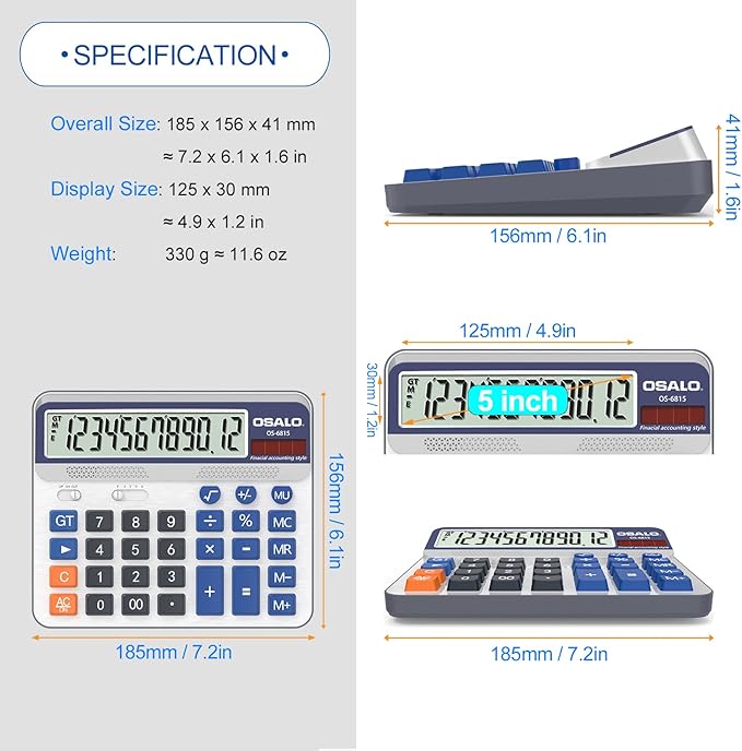 Desktop Calculator Extra Large 5-Inch LCD Display 12-Digit Big Number - Image 3