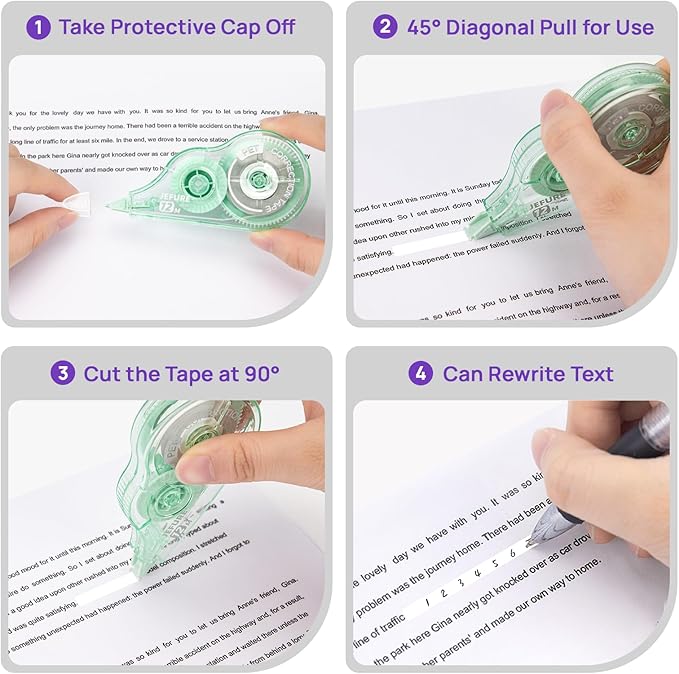 JEFURE 4 Pcs Colorful Core Correction Tape, 39.37 Ft White Wrong Out - Image 4
