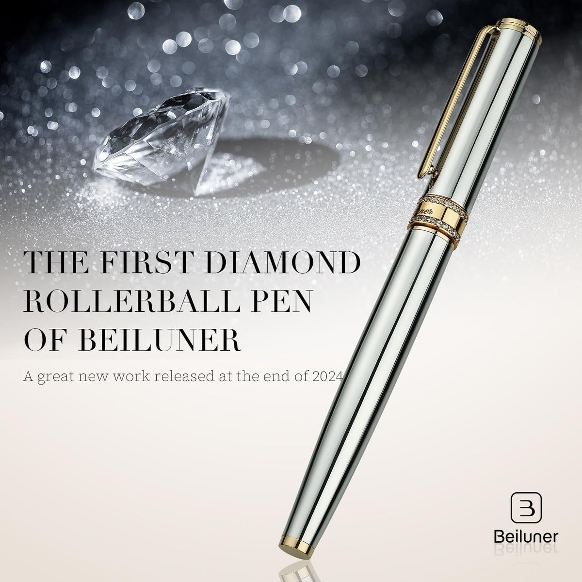 BEILUNER Silver Chrome Rollerball Pen, Diamond-Studded Cap Design, 24K Gold T...