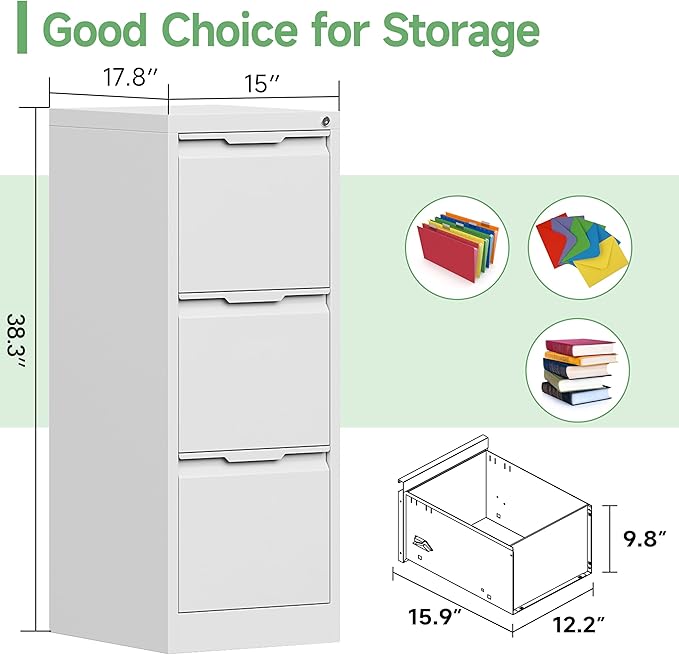 3-Drawer File Cabinet with Lock, Metal Vertical Filing Cabinets - Image 3