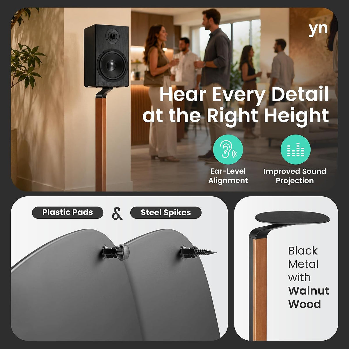 ynVISION.DESIGN Wood and Metal Speaker Stands, Pair, Black and Walnut