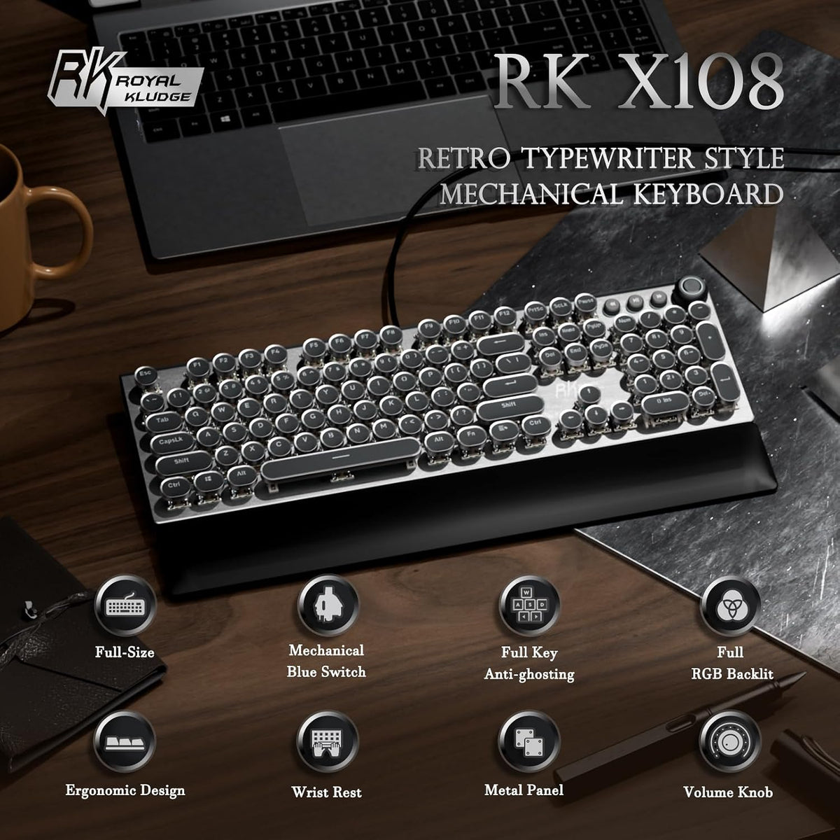 RK ROYAL KLUDGE X108 Typewriter Keyboard with Knob, Wired Mechanical Gaming K...