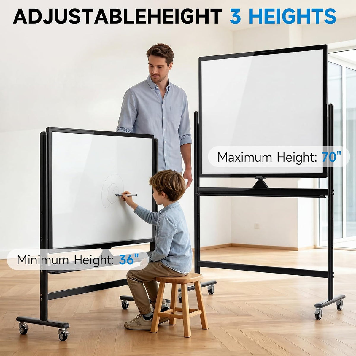 Mobile Rolling Whiteboard on Wheels 48" x 36" Double-Sided Magnetic