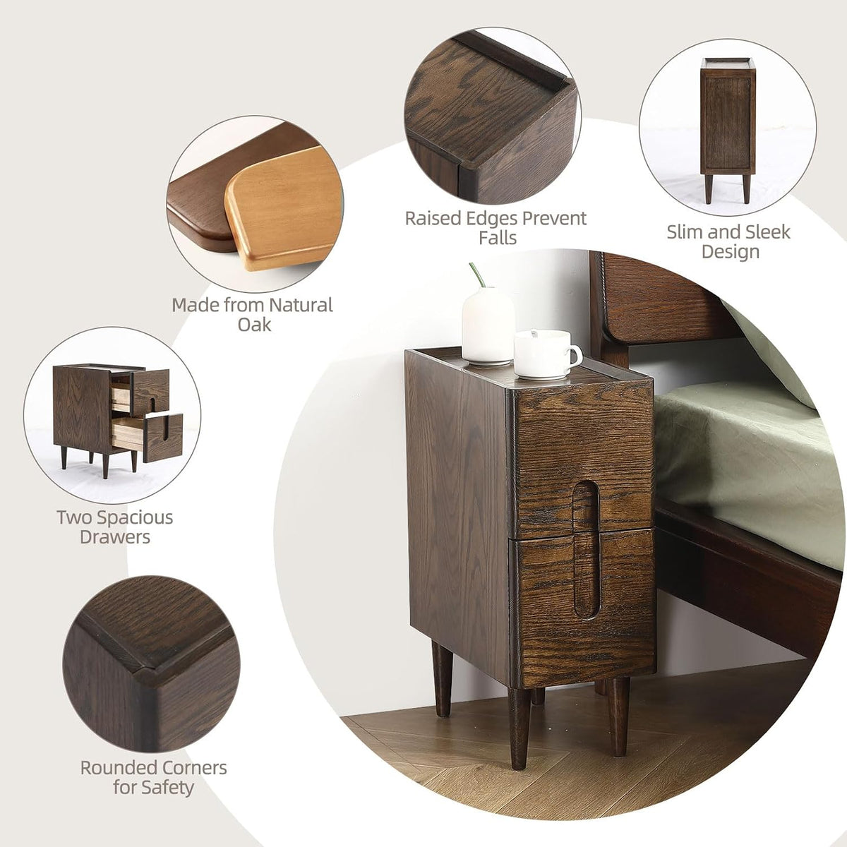 Solid Wood Bedside Table Nightstands, Slim Narrow Oak Real Wooden Mid-Century...