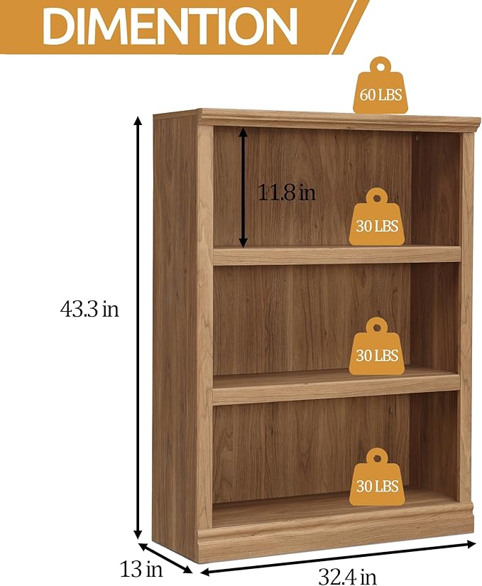 blini 3-Shelf Bookcase Wooden Bookshelves 33in Wide Floor Standing Display - Image 2