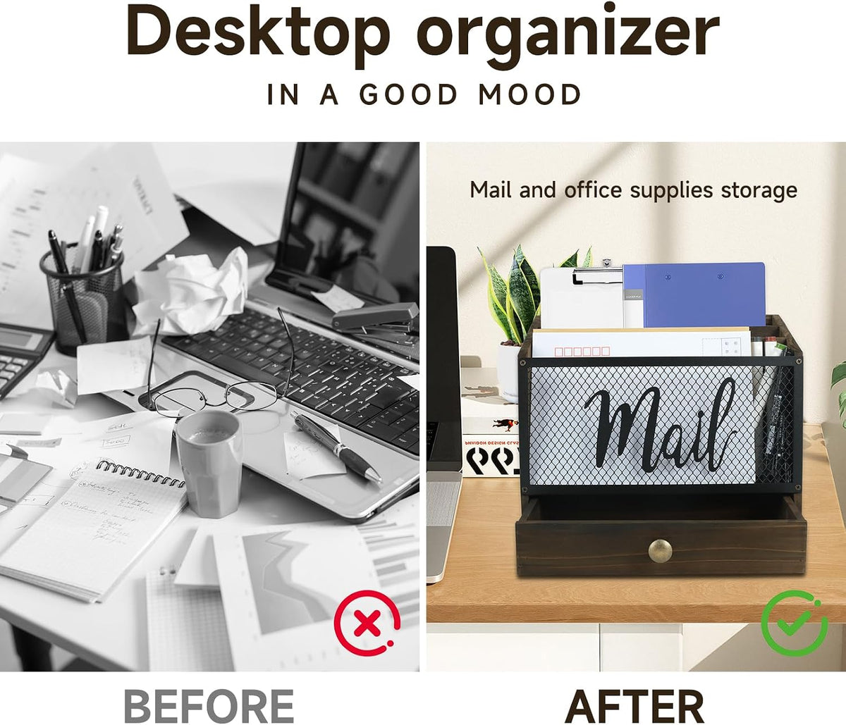Wooden Mail Organizer with Drawer, 3 Compartments Desk Sorter