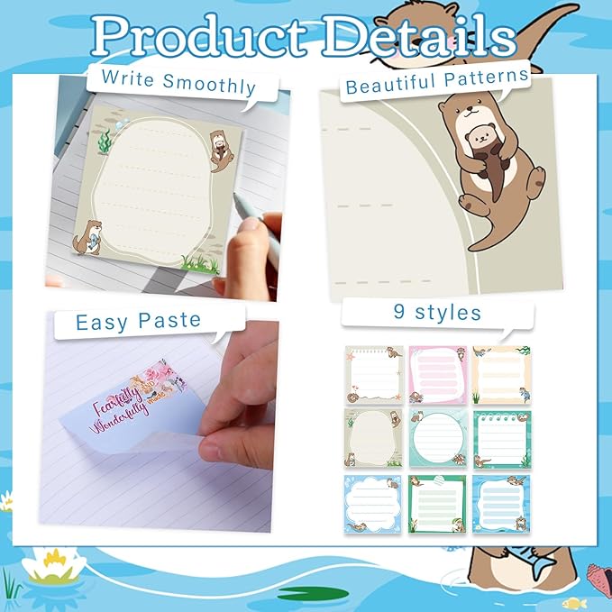 Lovarywow Otter Sticky Notes Gifts, 9 Pack Cute Sea Otter Notepads 3x3 Inch - Image 3