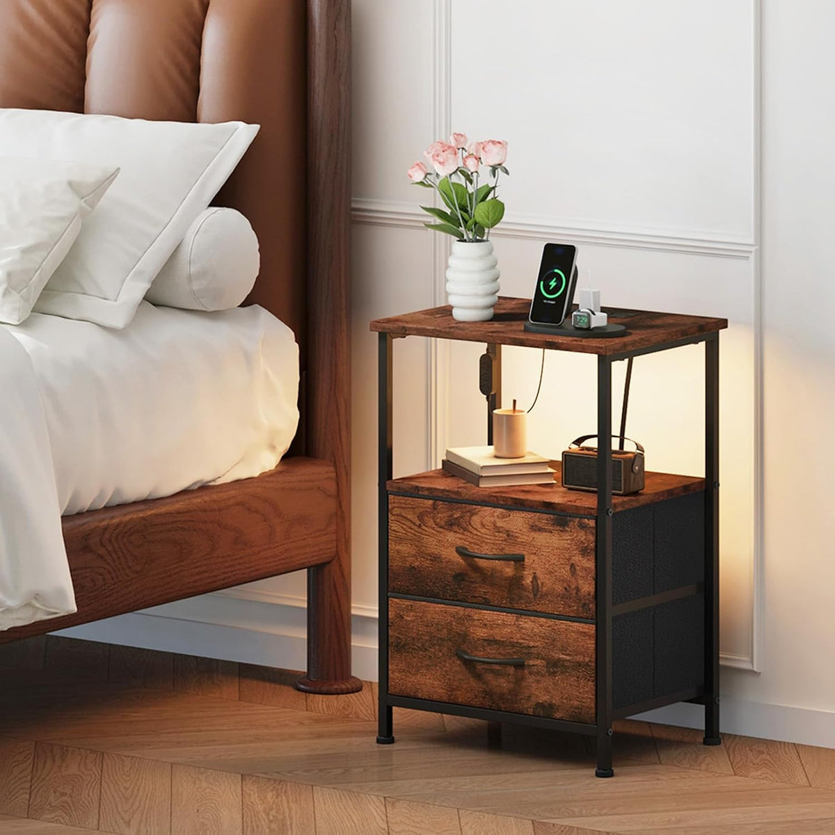 Somdot Nightstands Set of 2 with 2 Drawers, Charging Station & LED Light