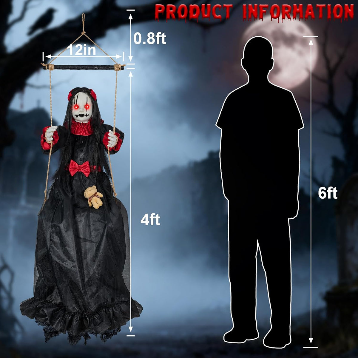 Scary Halloween Hanging Decorations Outdoor,4.6FT Hanging Swing Girl Doll