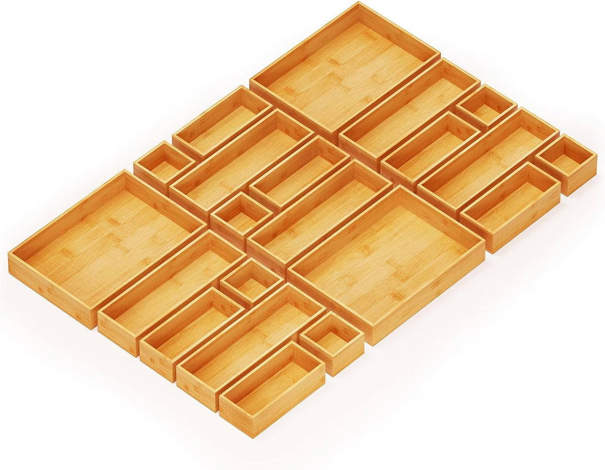 SpaceAid 21-Piece Bamboo Drawer Organizer Storage Boxes Set, Wood Tray Junk D...