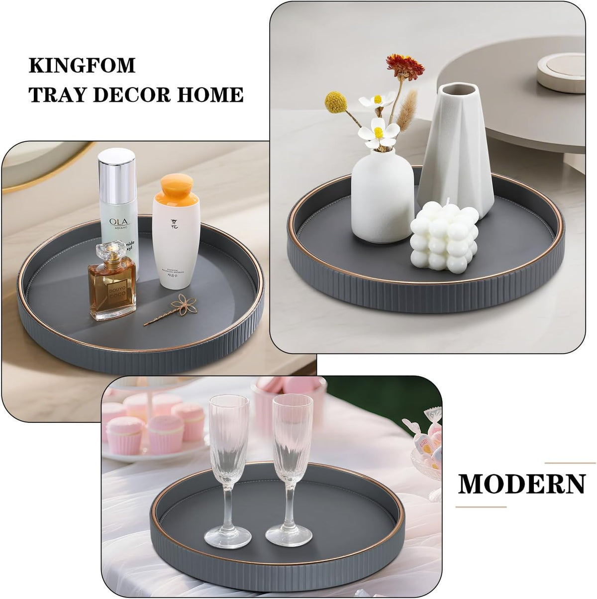 KINGFOM Round Decorative Tray, PU Leather Vanity Tray Organizer with Gold Tri...