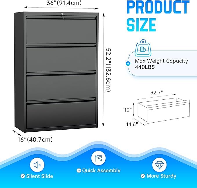 Greenvelly 4 Drawer File Cabinet, Metal Filing Cabinet - Image 3