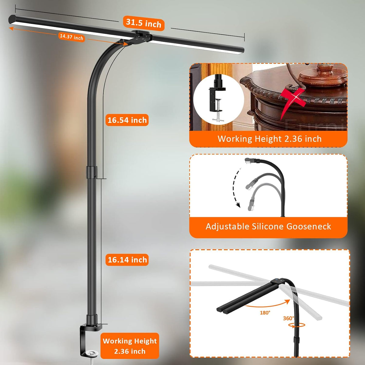 double head led desk lamp, architect desk lamps, side view