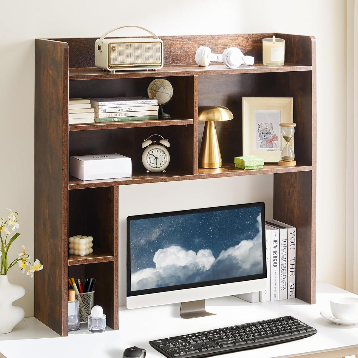 OFCASA Desktop Bookshelf, Countertop Storage Hutch with 7 Shelves for Compute...