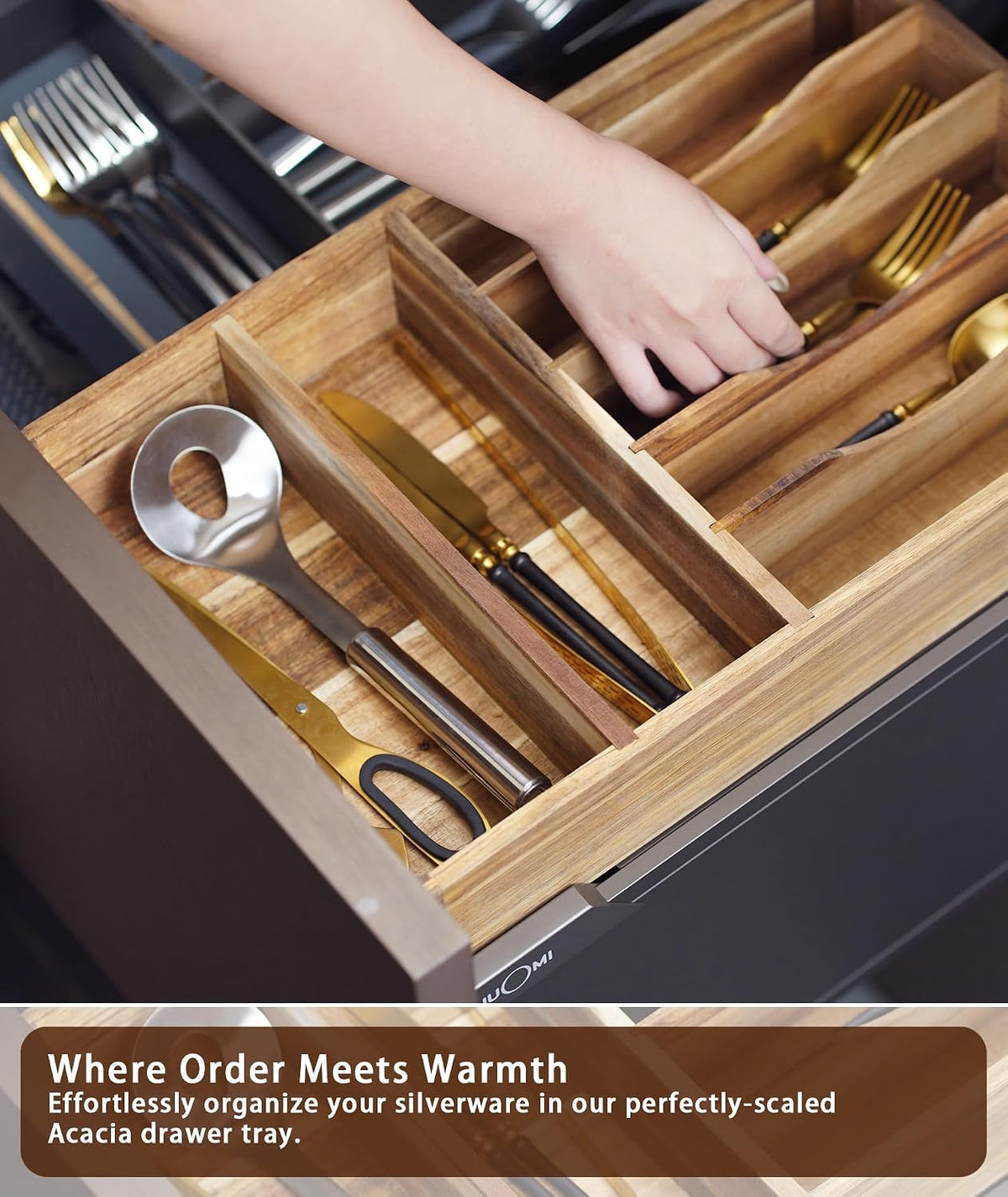 Silverware Drawer Organizer, Acacia Wood Tray for Cutlery & Flatware | 7-...