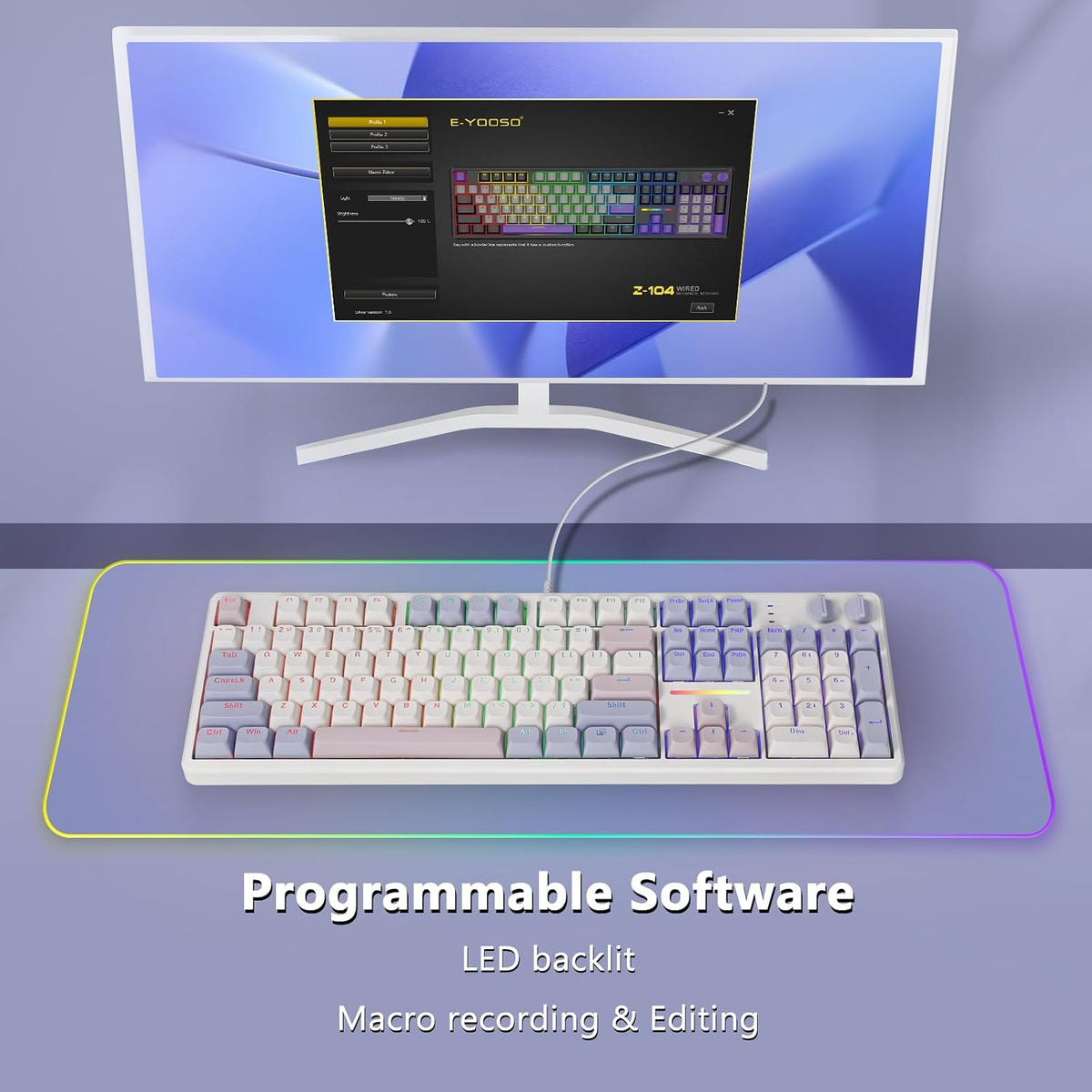 E-YOOSO Creamy Mechanical Gaming Keyboard Wired, Full Size, White Pink