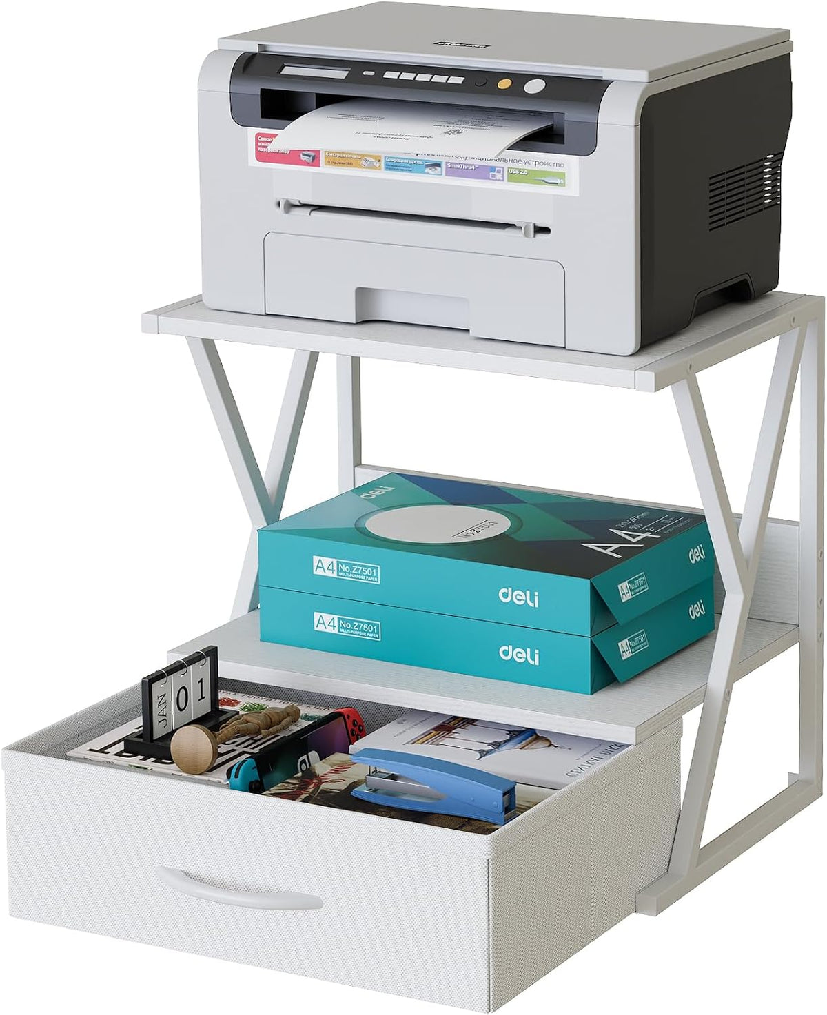 aboxoo Printer Stand for Desk with Storage Drawer, 2 Tier Desktop Or UnderDes...