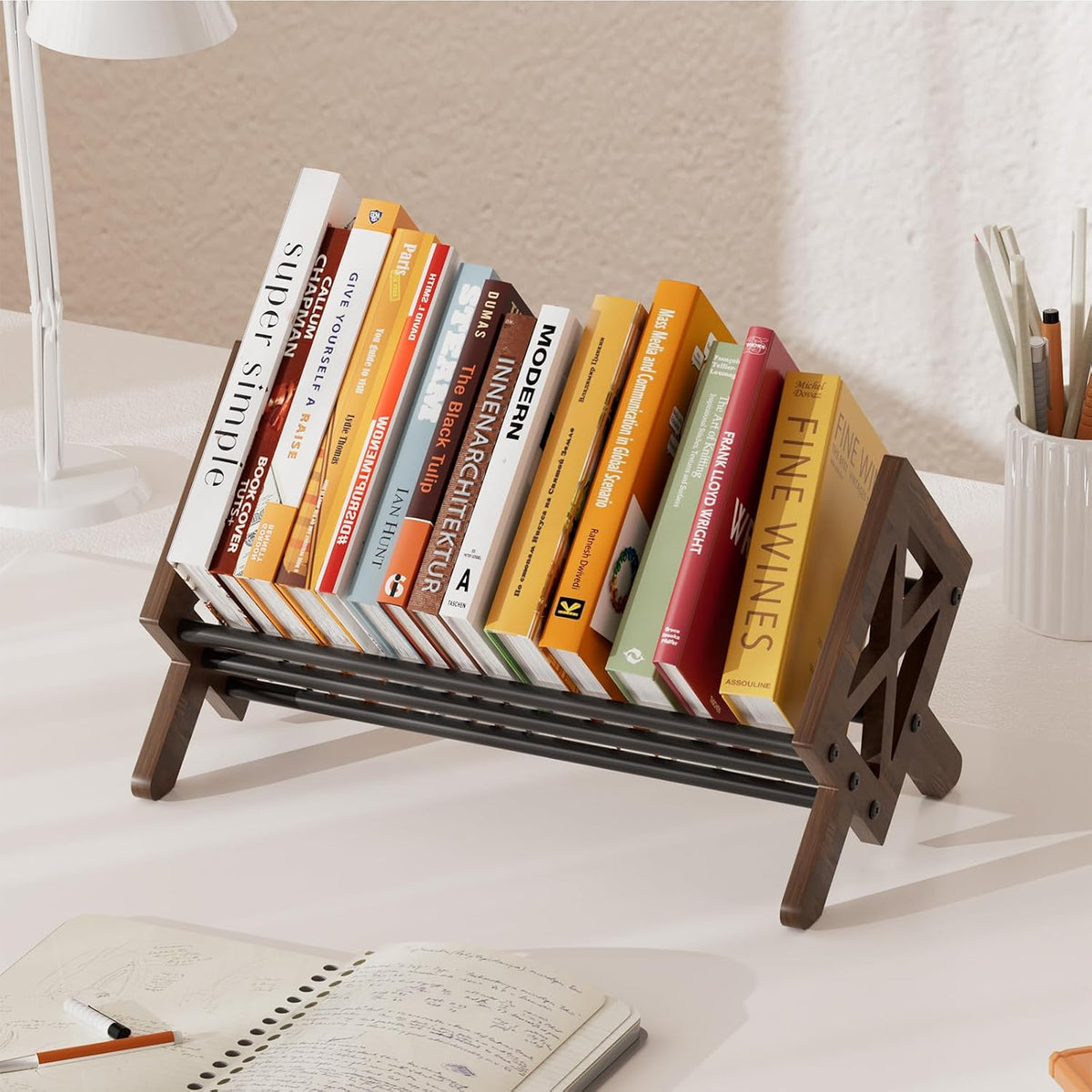 Desktop Bookshelf Organizer, Wood Office Tabletop Book Storage Rack, Tilting ...