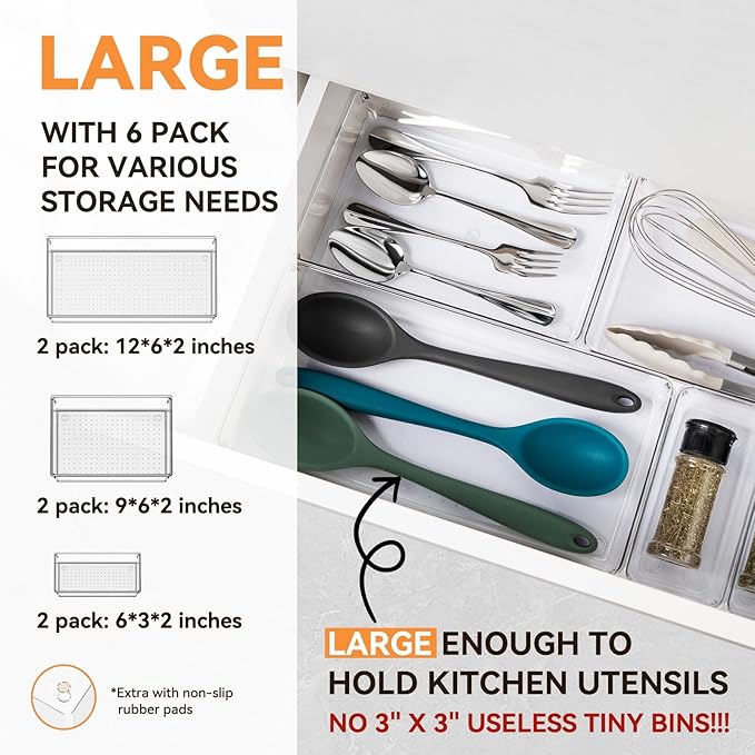 6 Pack Large Clear Plastic Drawer Organizer Trays, Acrylic Kitchen Drawer - Image 2