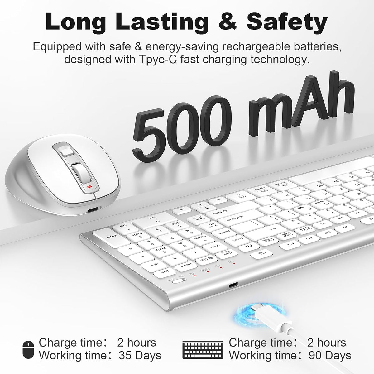 FENIFOX Rechargeable Wireless Keyboard and Mouse, with Number Pad Silver