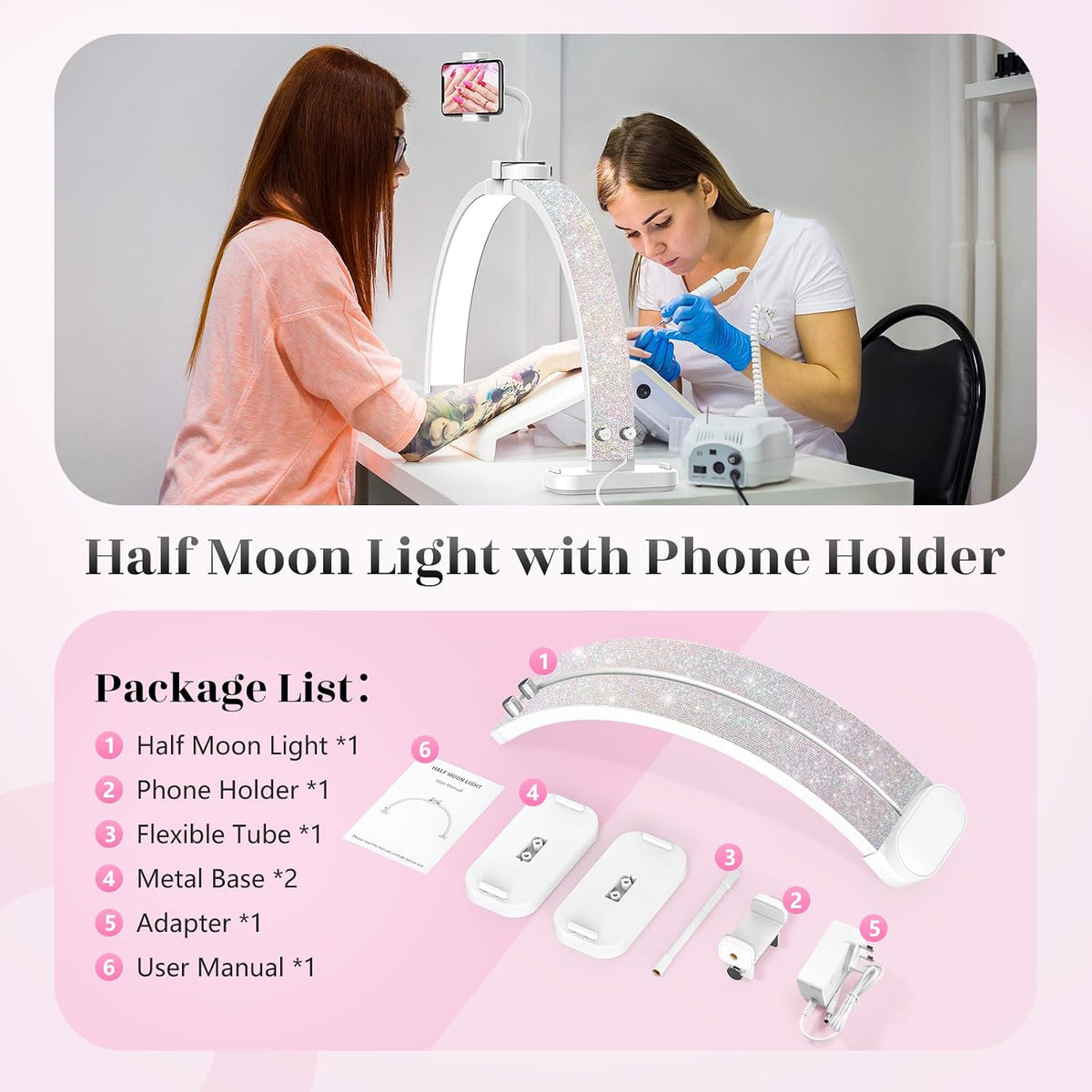 Half Moon Light for Nail Desk: 31" Manicure Table Light with Phone Holder