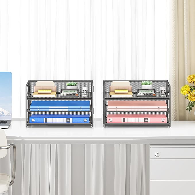 Subekyu 2-Pack 3-Tier Gray Metal Mesh Desk Paper Letter Tray & File Sorter - Image 6