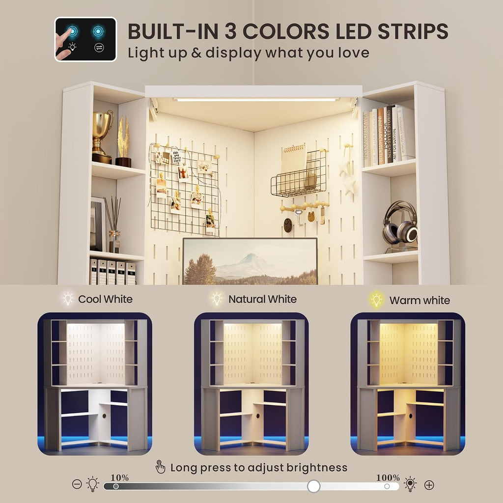 Corner Computer Desk with Hutch & Shelves and LED Reading Lights, White | 2 AC Outlets & USB & Type-C Charging Station, 3 Dimmable Lights, 6-Tiers Shelves, Fits Home Office, for Gaming and Work Use