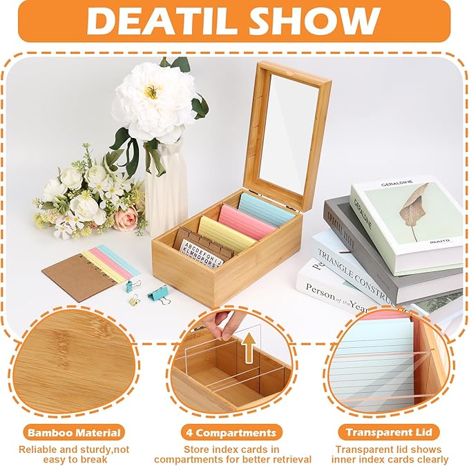3x5 Index Card Holder with Dividers Bamboo Index Card Organizer Index Card - Image 3