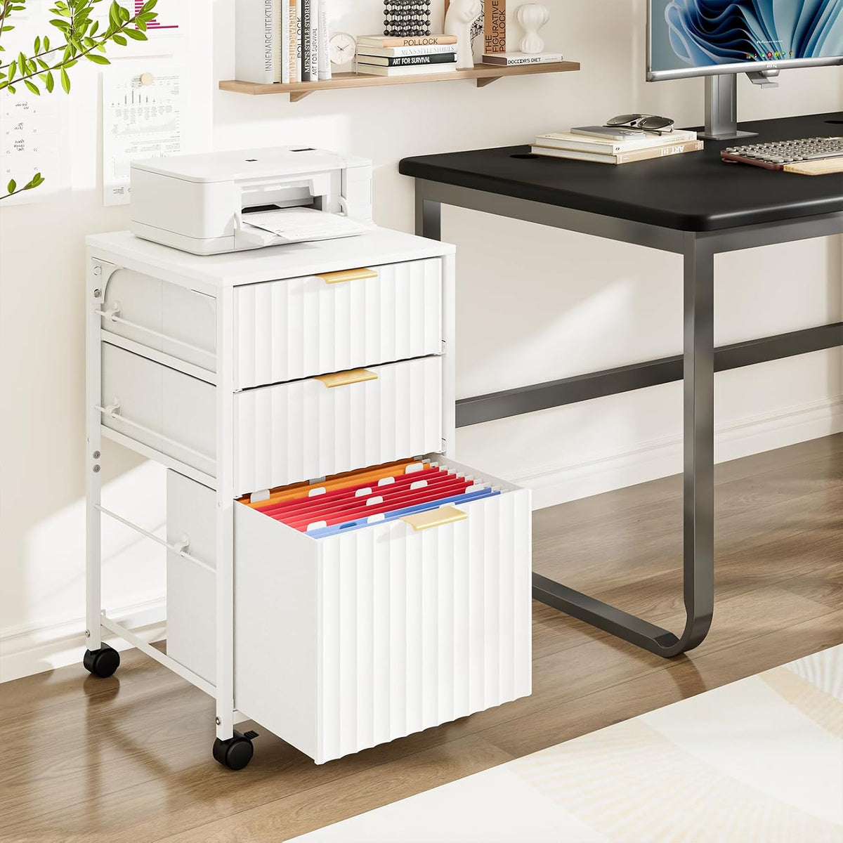 VINGLI 3 Drawer Fluted File Cabinet, Rolling File Cabinet Mobile Under Desk F...