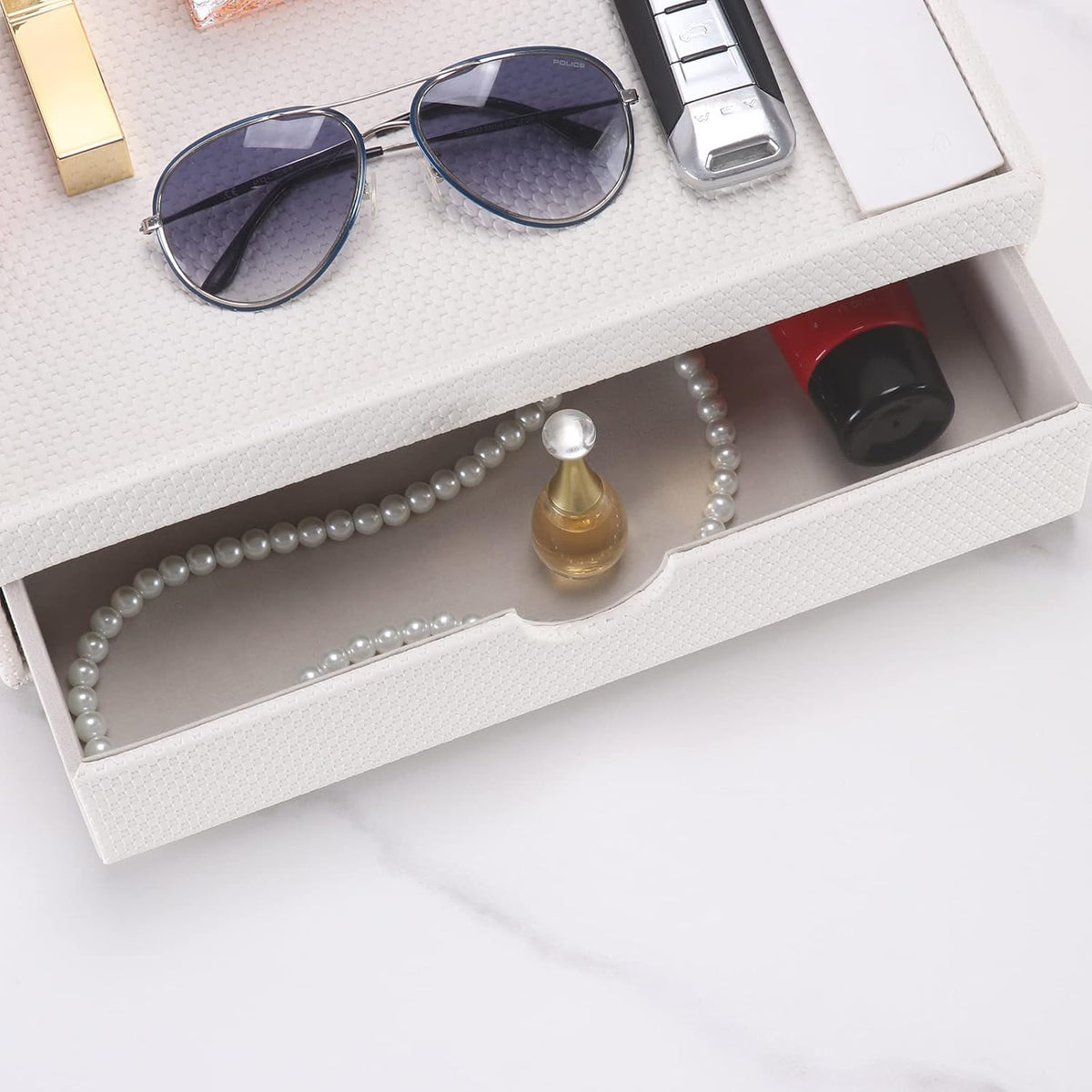 Leather Desk Organizer With Drawers, Home Cosmetics & Phone Remote Organi...
