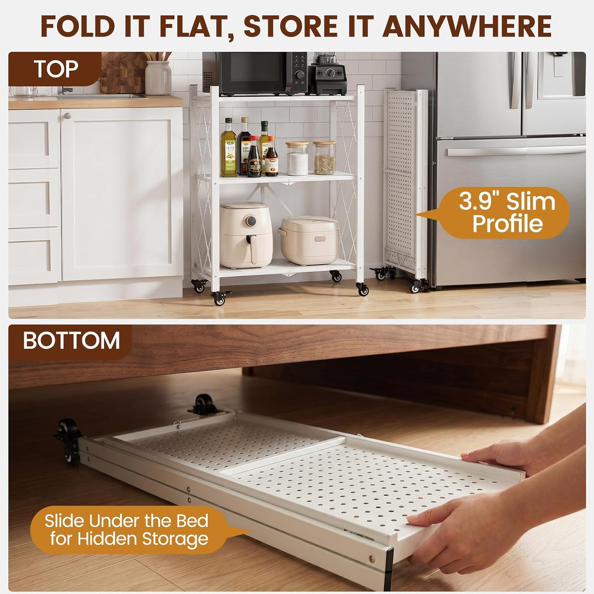 ALANNG 3 Tier Folding Shelf on Wheels, Heavy Duty Rolling Storage Cart