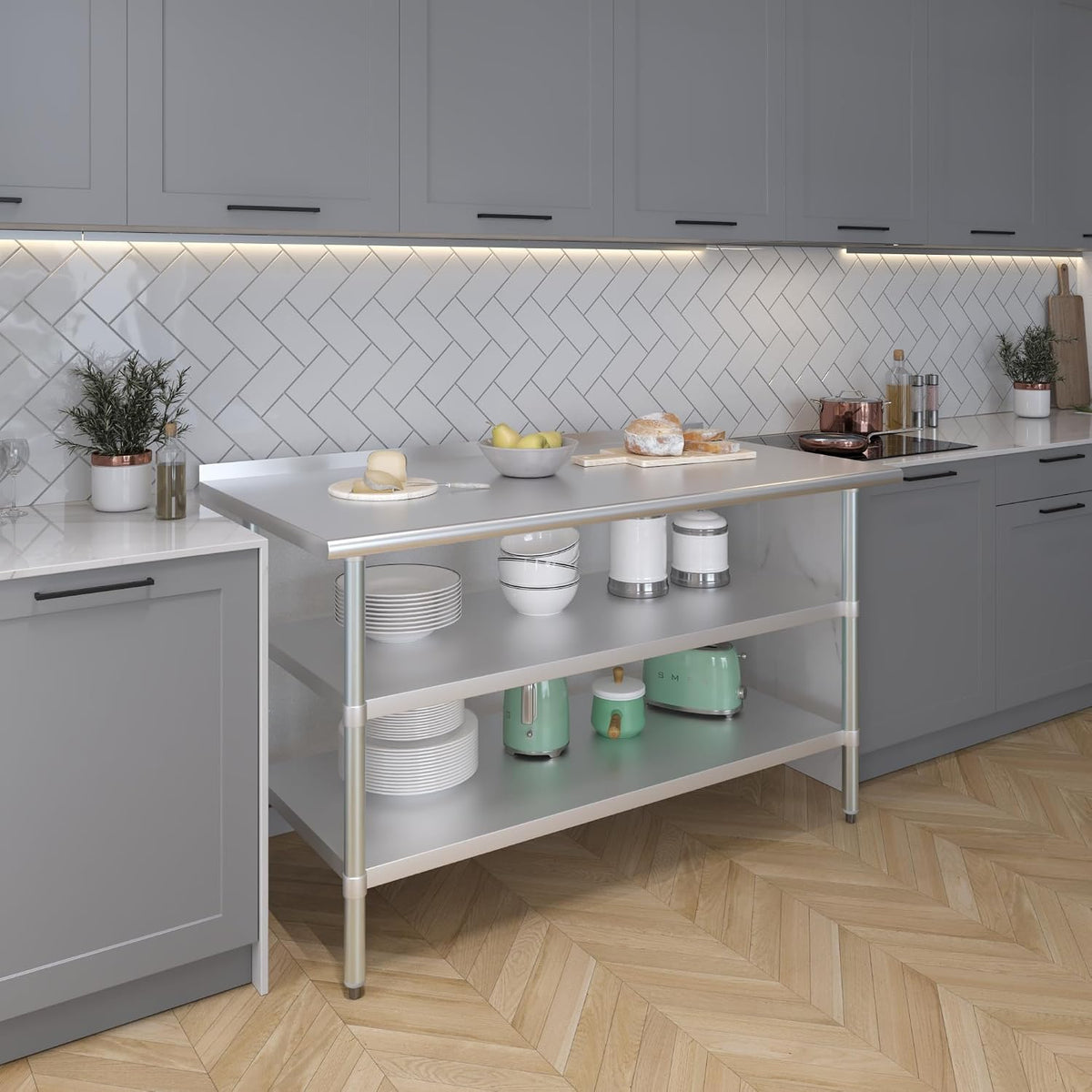 AmGood Stainless Steel Work Table with 1.5" Backsplash and 2 Shelves | M...