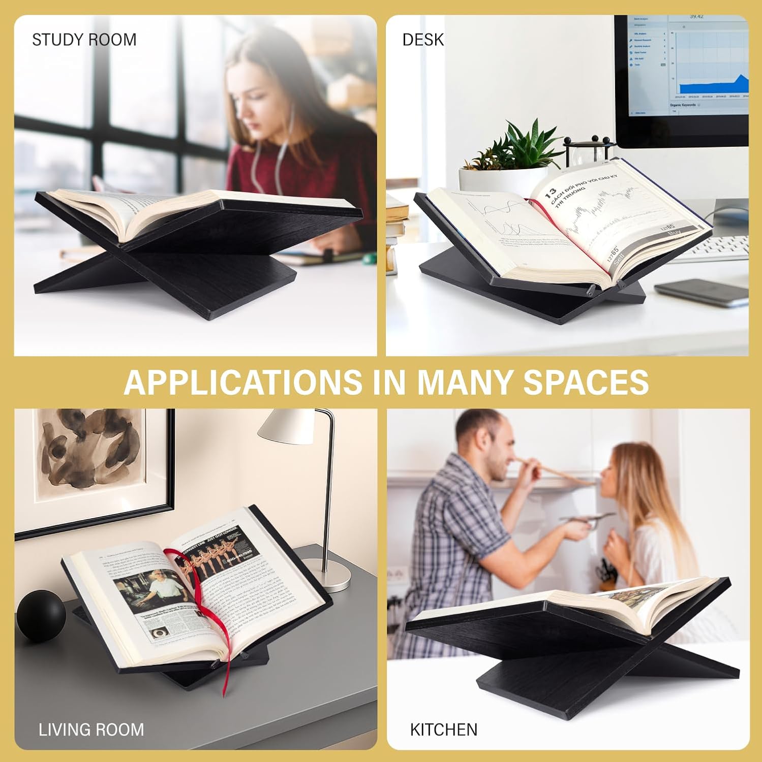 Solid Wood Book Stand for Reading and Display, Foldable Book Holder for Cookbooks, Art Books, Bibles, Magazines – Open Book Stand for Kitchen, The Front Stopper Helps Prevent Books from Sliding.
