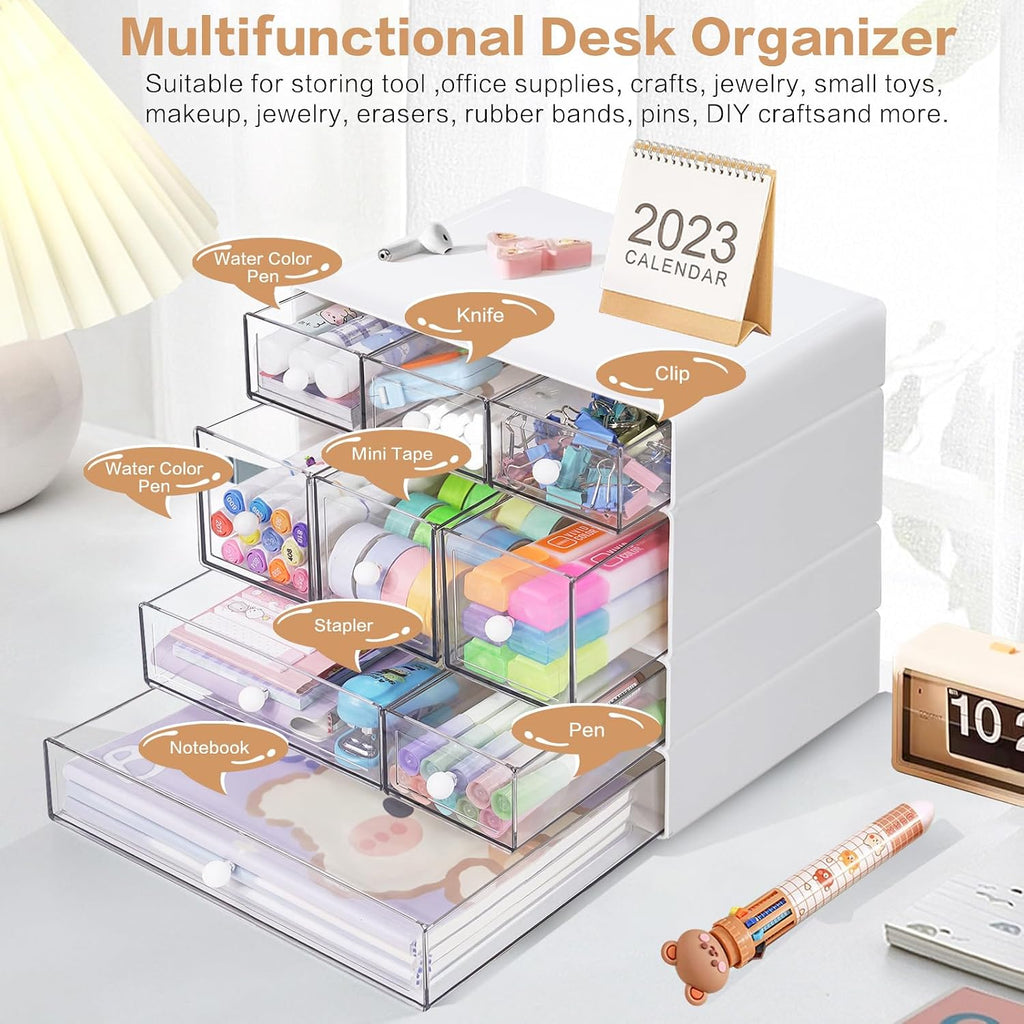 desk storage organizer with 9 drawers, 4 tiers showing dimensions