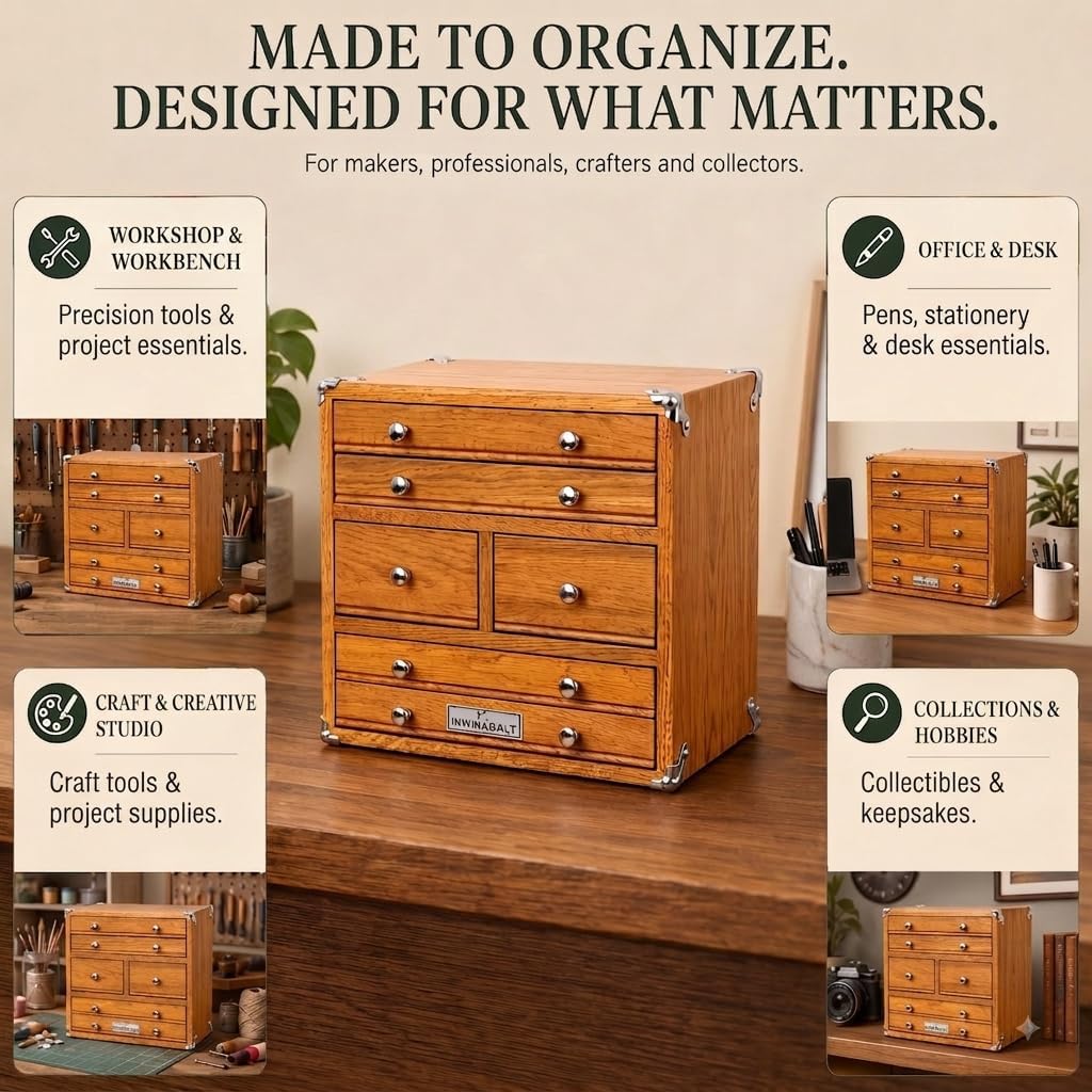 premium oak wood organizer chest, 6 drawer desktop, package contents