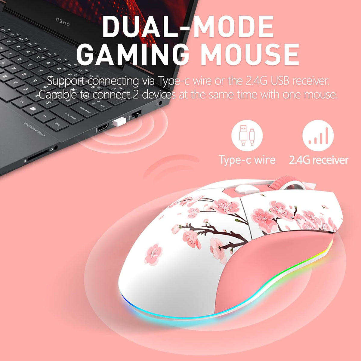 DAREU Sakura Pink Wireless Gaming Mouse with Charging Dock Rechargeable RGB,1...