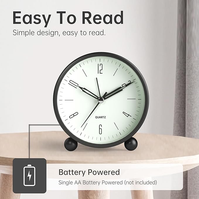 Analog Alarm Clock, 4 inch Super Silent Non Ticking Small Clock - Image 3