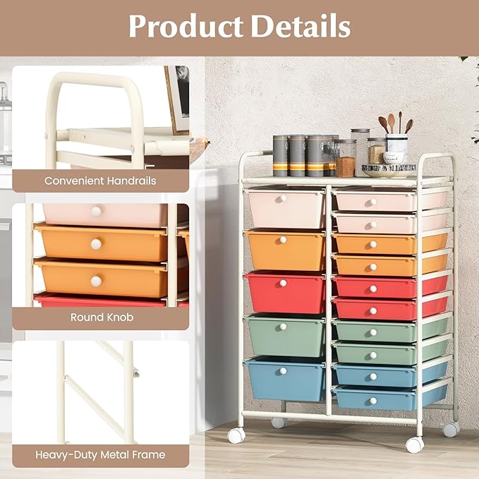 COSTWAY 15 Drawers Storage Cart, Mobile Tools Scrapbook Paper Organizer Cart - Image 6