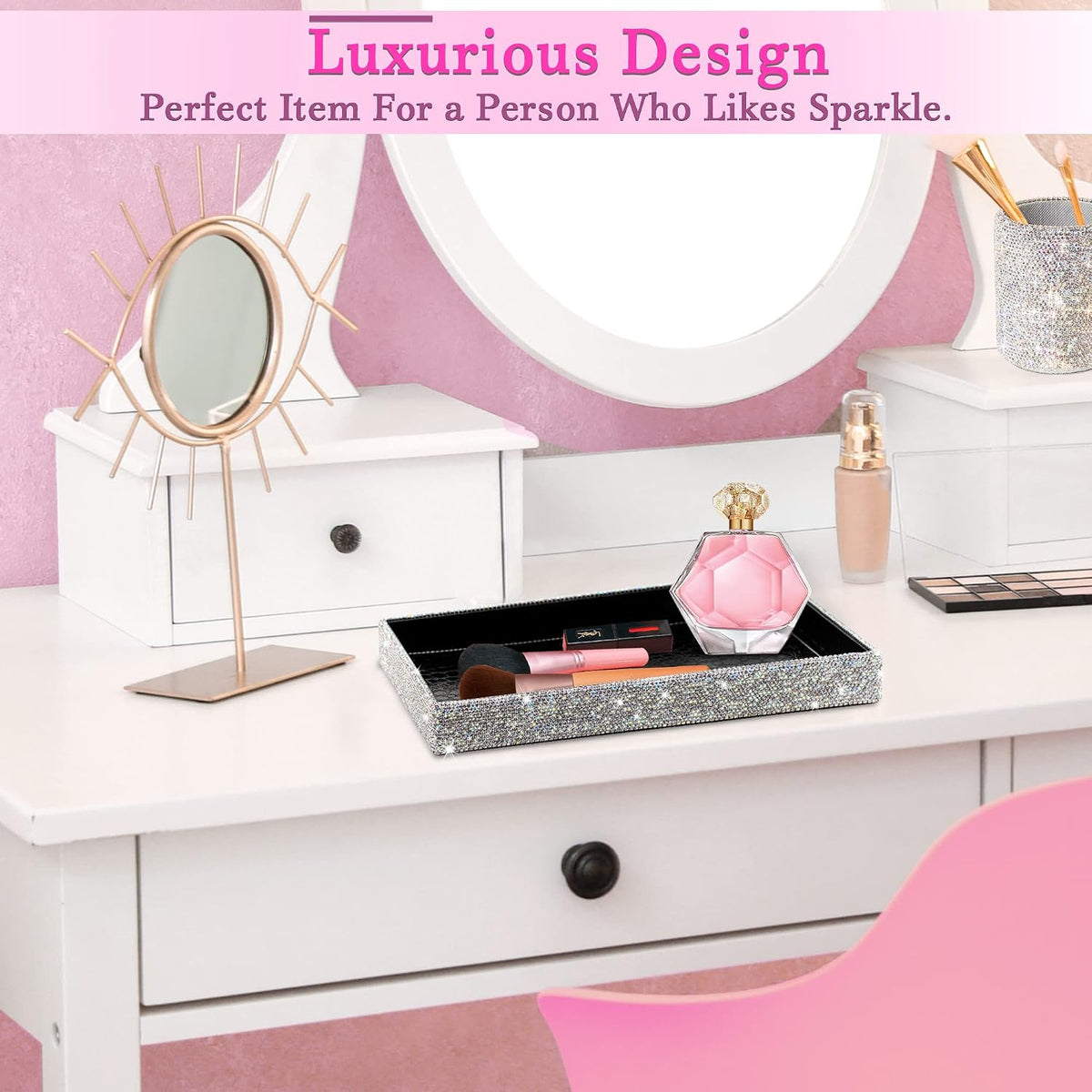 TISHAA Bling Decorative Tray Holder – Makeup Cosmetic Jewelry Ring Key Displa...