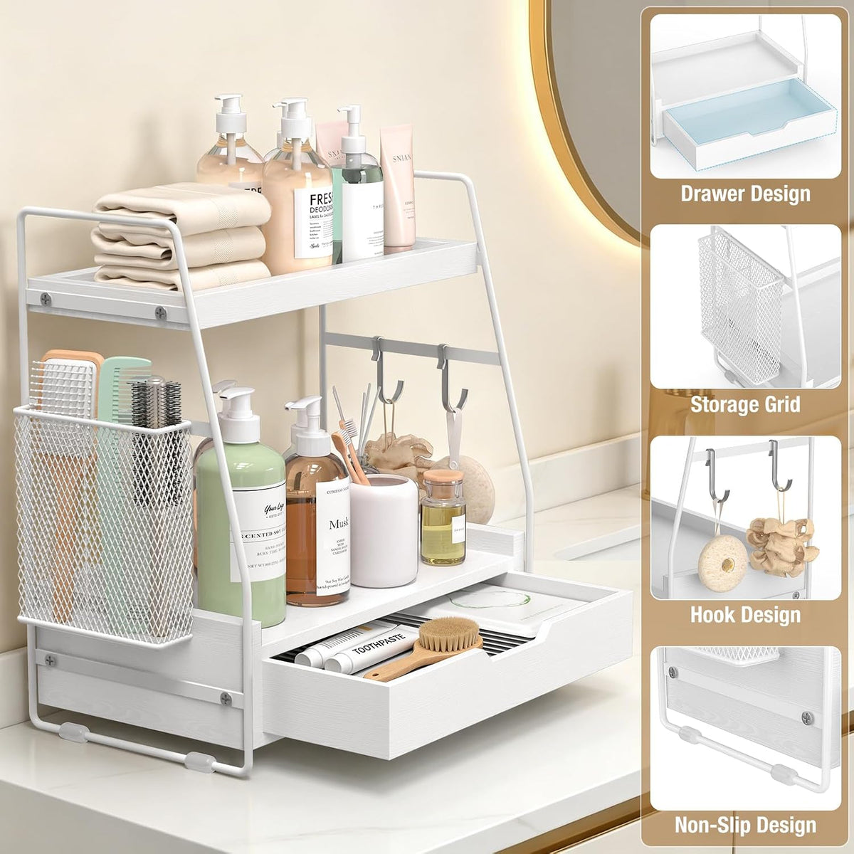 2-Tier Bathroom Counter Organizer with Drawer, Wood Counter Storage Shelf