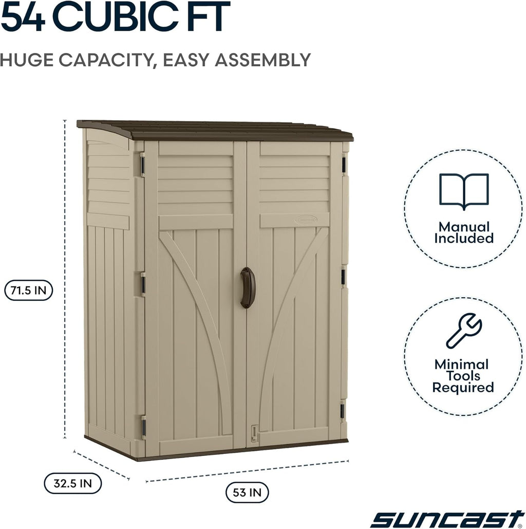 suncast outdoor storage shed, water resistant resin vertical, front angle view