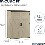suncast outdoor storage shed, water resistant resin vertical, front angle view
