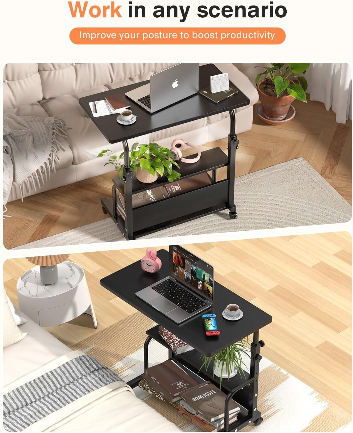 QZMDSM Portable Rolling Desk on Wheels Adjustable Height Desks for Small Spac...