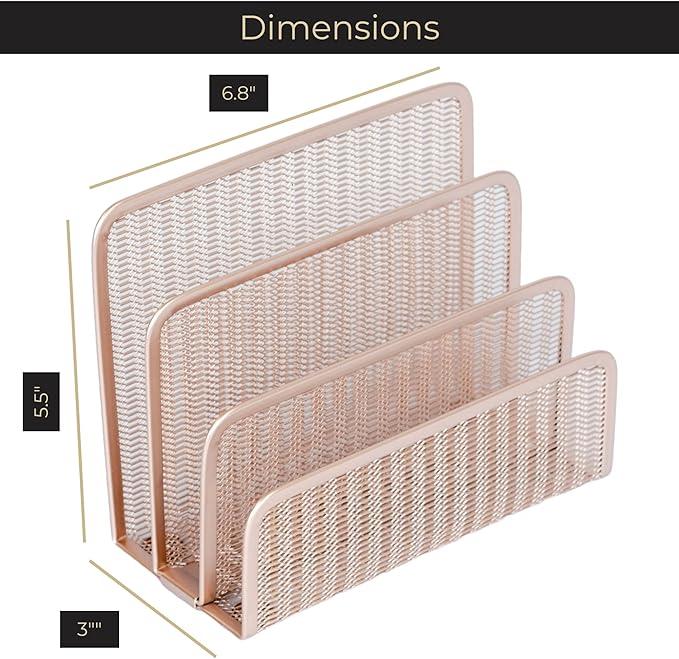 BLU MONACO Rose Gold Metal Mesh Letter Sorter | 3-Slot Vertical Mail Organizer - Image 6