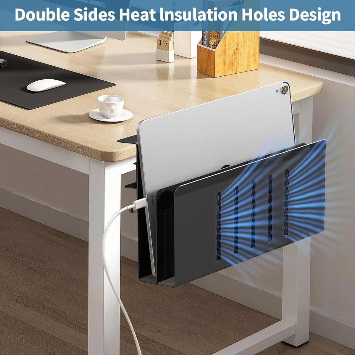 2 Tie Desk Side Storage Organizer, Under Desk laptop holder