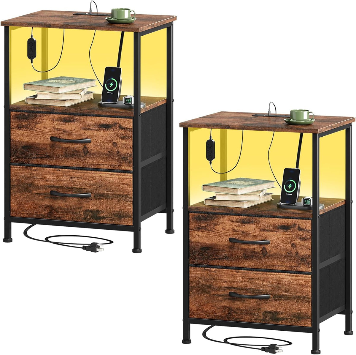 Somdot Nightstands Set of 2 with 2 Drawers, Charging Station & LED Light
