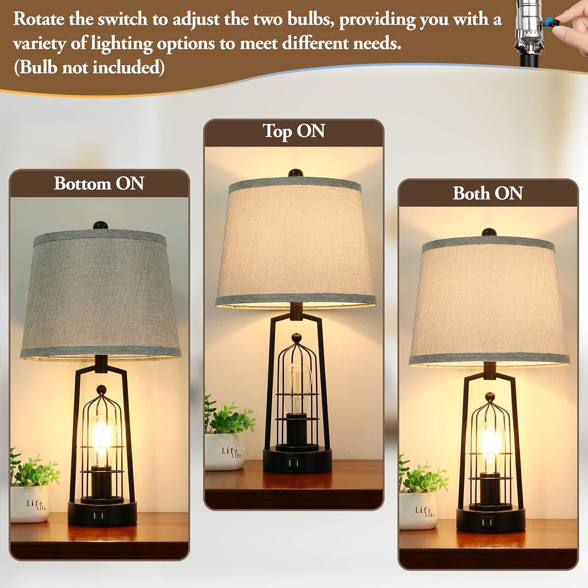 Farmhouse Table Lamps with 2 USB Ports, Set of 2 Rustic Industrial Desk Lamp ...
