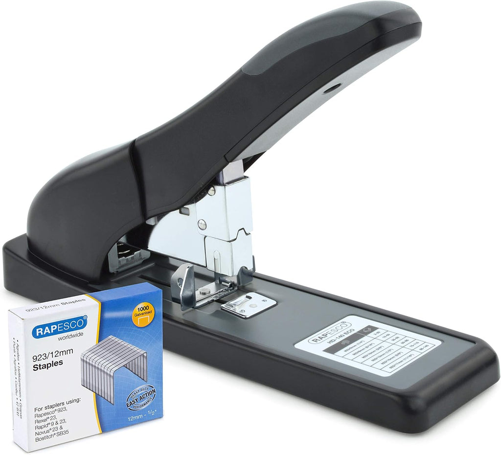 Rapesco 1550 ECO HD-140 Heavy-Duty Stapler, 140 Sheet Capacity, Black | Includes 1000 Heavy Duty 15/32" Staples, ECO Material, Soft-Feel Grip, Adjustable Paper Guide, for Office and School
